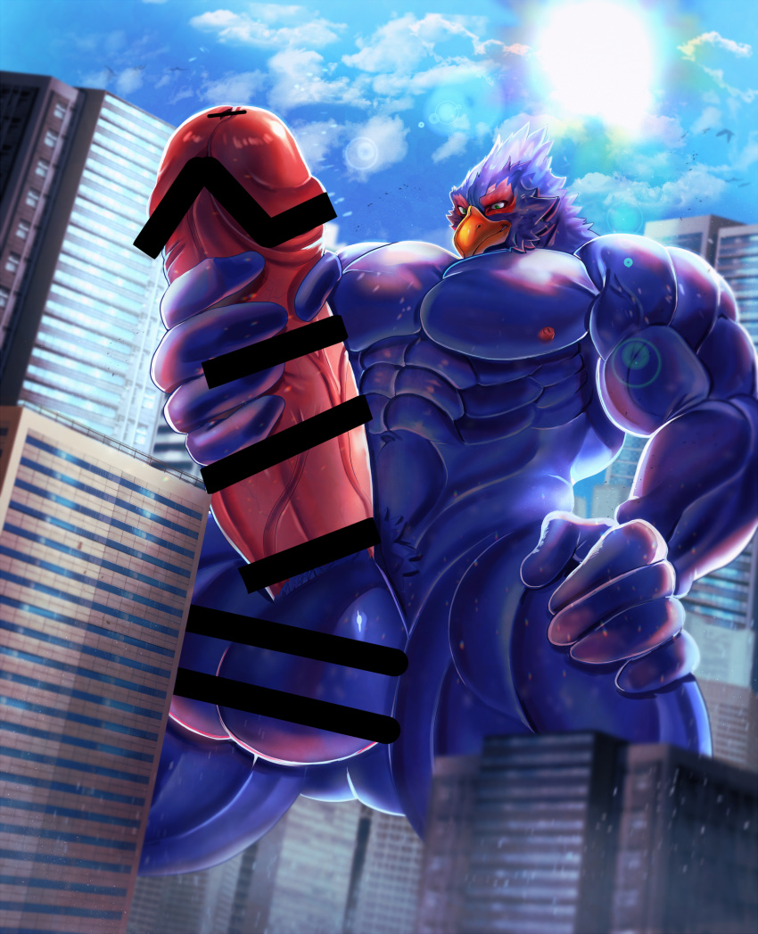 absurd_res anthro avian balls big_balls big_penis bird censored city erection falco_lombardi genitals hi_res macro male muscular muscular_male nintendo penis solo star_fox video_games yukihoshiak