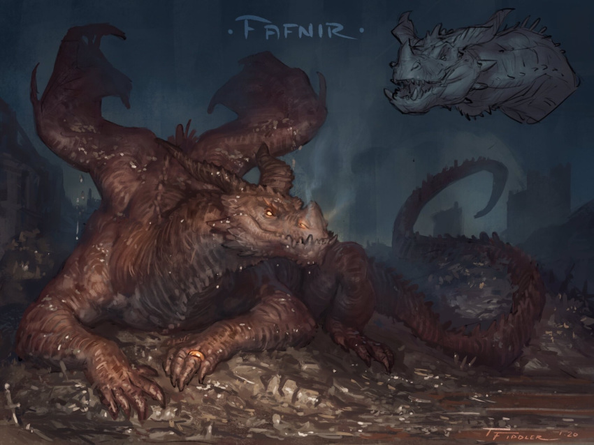 2020 4:3 claws digital_media_(artwork) dragon fafnir hi_res hoard horn lying male on_front scalie sharp_teeth solo taran_fiddler teeth wings