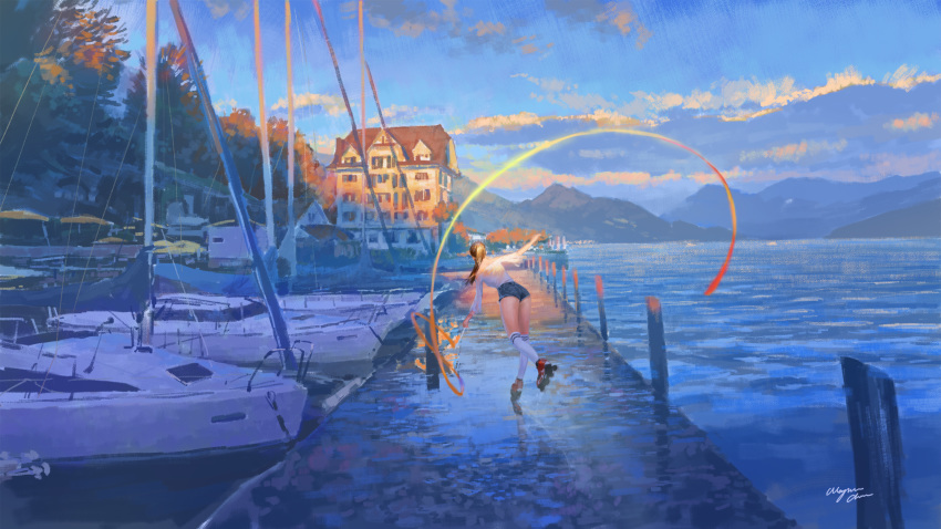 1girl blonde_hair blue_sky boat building facing_away from_behind highres inline_skates kneehighs long_hair off_shoulder original outdoors ponytail ribbon roller_skates scenery shorts sign skates sky solo sunset watercraft wayne_chan