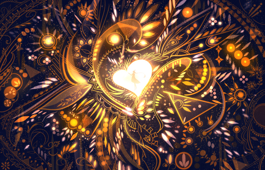 1girl circle commentary_request dotted_line dress glowing heart highres leaf light_particles long_hair orange_theme original outstretched_hand patterned patterned_background plant reaching sakimori_(hououbds) silhouette solo standing triangle very_long_hair vines