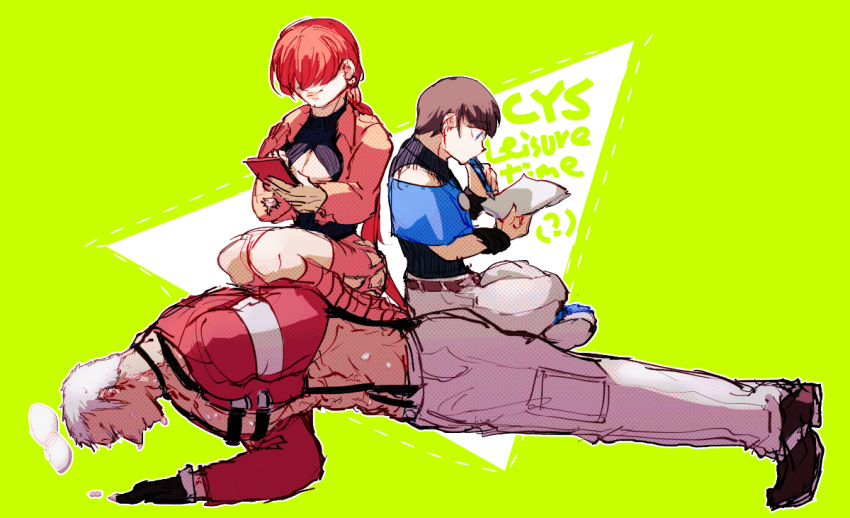 1girl 2boys bangs breasts chris_(kof) cleavage covered_eyes exercise multiple_boys nanakase_yashiro push-ups red_hair shermie sitting sitting_on_person suspenders sweat the_king_of_fighters white_hair y56766824