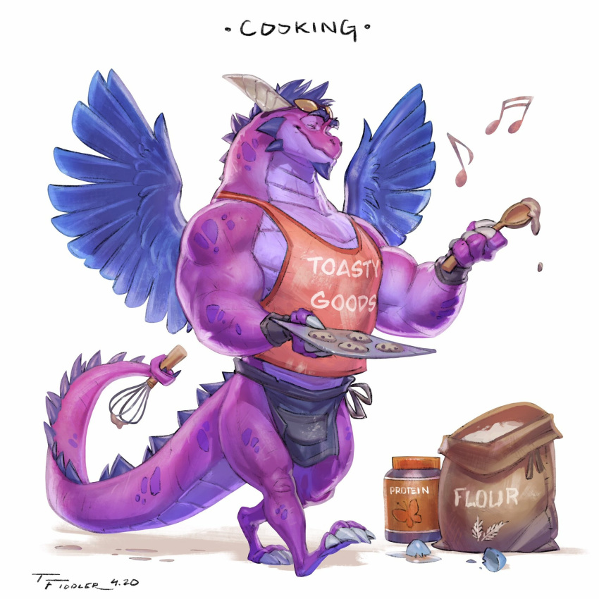 1:1 2020 anthro biceps claws clothed clothing cookie cooking cutlery digital_media_(artwork) dragon egg eyewear feathered_wings feathers flour food hair hi_res holding_spoon horn kitchen_utensils male mixer muscular muscular_male musical_note pecs pink_body protein scales scalie shirt simple_background smile solo spoon sunglasses tank_top taran_fiddler tools topwear walking wings