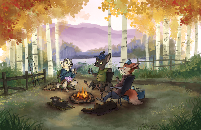 2020 ambiguous_gender anthro barefoot campfire canid canine canis chair clothed clothing detailed_background domestic_dog feral fire fox fully_clothed furniture grass group hi_res holding_can lake mammal mountain outside shirt sitting sky sophiecabra t-shirt topwear tree water