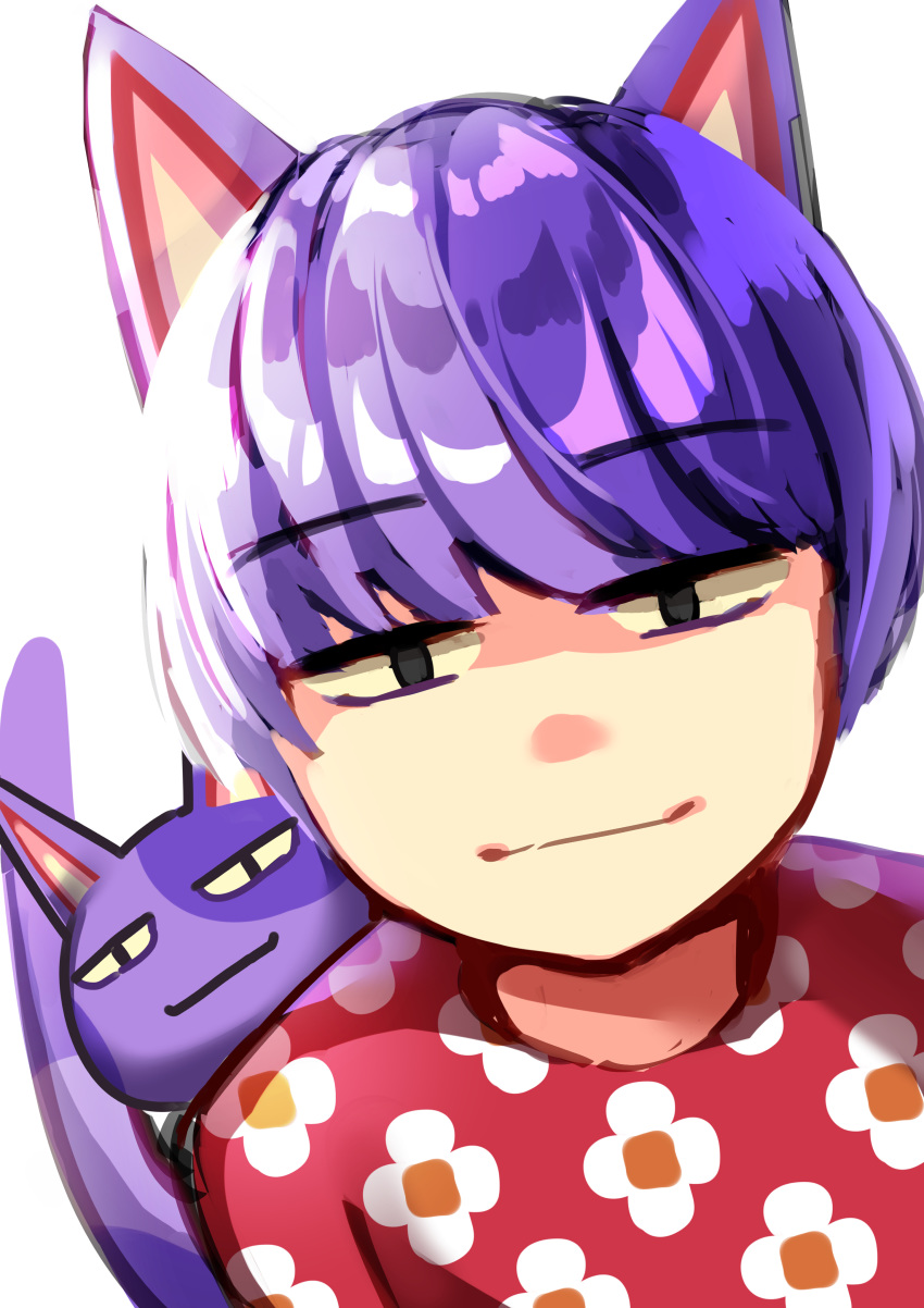 1boy absurdres animal_ears bangs black_eyes blunt_bangs cat cat_boy cat_ears cat_tail closed_mouth doubutsu_no_mori dual_persona eyebrows_visible_through_hair floral_print highres humanization looking_at_viewer maitacoco multicolored_hair nikoban_(doubutsu_no_mori) pink_shirt shirt short_hair simple_background smile tail tail_raised two-tone_hair upper_body white_background yellow_sclera