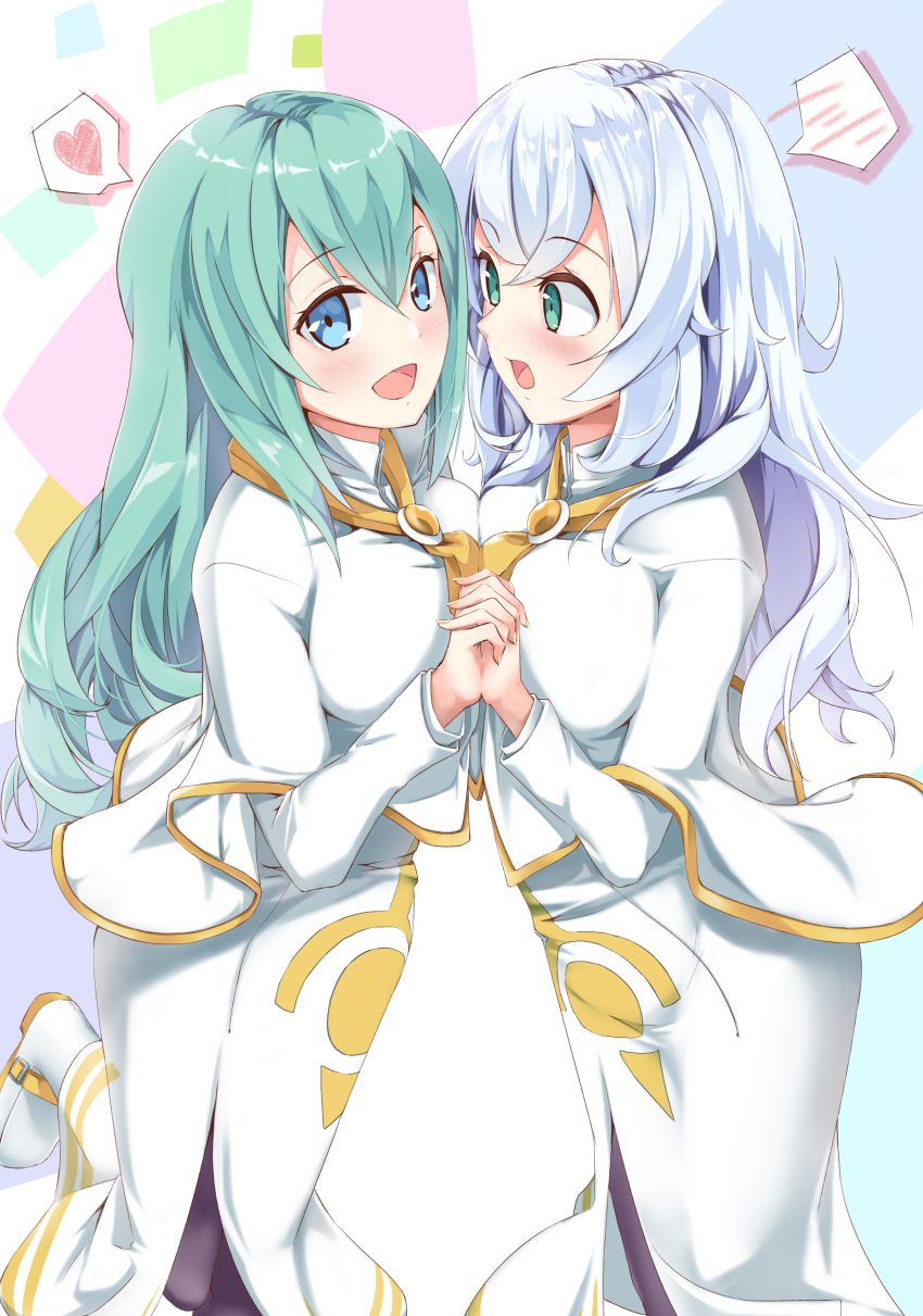 2girls absurdres alice_carroll anya_dostoyevskaya aria ascot bananatsukis black_legwear blush breast_press capelet dress embarrassed eye_contact face-to-face full_body green_hair heart highres holding_hands interlocked_fingers leg_cutout long_dress long_hair looking_at_another looking_at_viewer multiple_girls no_hat no_headwear orange_planet_uniform pantyhose silver_hair symmetrical_docking thought_bubble white_dress yellow_neckwear