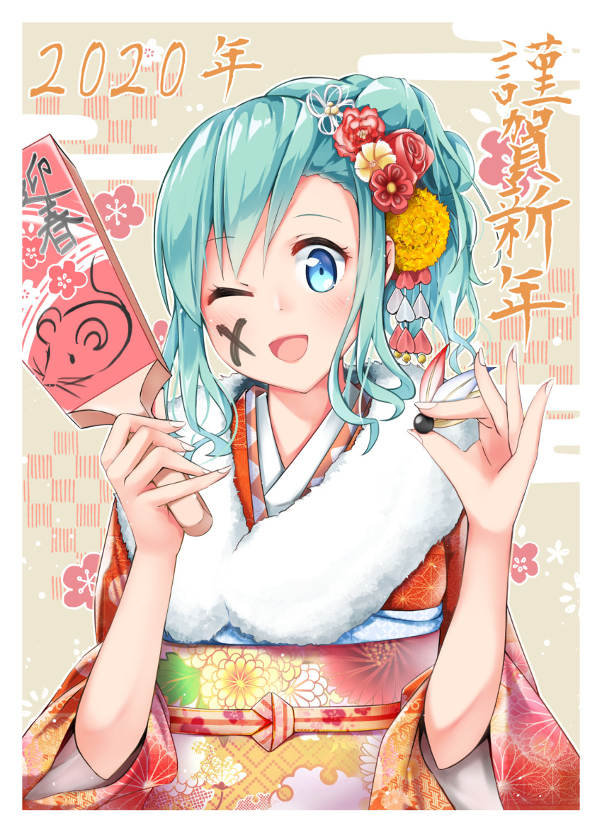1girl alice_carroll alternate_hairstyle aria bananatsukis blue_eyes blush braid chinese_zodiac eyebrows_visible_through_hair facepaint floral_print flower forehead fur-trimmed_kimono fur_trim furisode green_hair hagoita hair_flower hair_ornament hane_(hanetsuki) hanetsuki high_braid highres holding japanese_clothes kanzashi kimono long_hair looking_at_viewer new_year obi obiage obijime one_eye_closed open_mouth paddle print_kimono raised_eyebrows sash side_braid sleeves_pushed_up smile solo tied_hair upper_body wide_sleeves year_of_the_rat