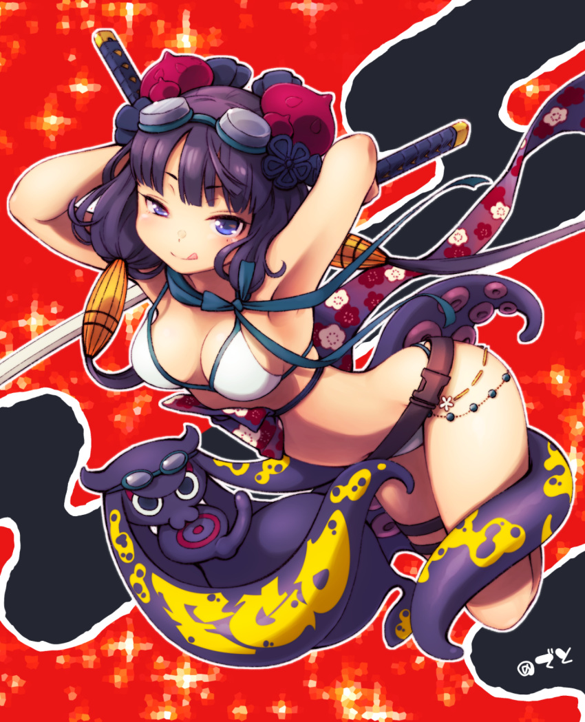 1girl arms_behind_head arms_up bangs bikini blue_eyes breasts cleavage closed_mouth deto dual_wielding eyebrows_visible_through_hair fate/grand_order fate_(series) goggles goggles_on_head highres holding holding_sword holding_weapon katana katsushika_hokusai_(swimsuit_saber)_(fate) long_hair looking_at_viewer medium_breasts navel octopus outline purple_hair smile suction_cups swimsuit sword thigh_strap tokitarou_(fate/grand_order) tongue tongue_out twintails uneven_eyes weapon white_bikini white_outline
