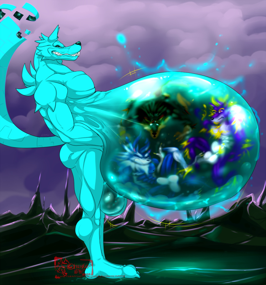 2020 after_vore animal_genitalia anthro balls belly biceps big_balls big_belly blue_body blue_nose blue_skin butt canid canine canis capcom daragh darkstalkers endzone_(hungothenomster) eyes_closed fully_sheathed genitals hi_res hungothenomster hyper hyper_belly james_auvereign jon_talbain male mammal muscular muscular_male muscular_thighs nude oral_vore pecs sharp_teeth sheath standing teeth translucent translucent_body translucent_skin video_games vore wolf