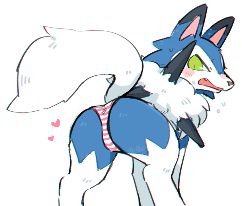 &lt;3 blue_body blush bodily_fluids butt clothing female feral green_eyes hi_res lycanroc midday_lycanroc nintendo panties pok&eacute;mon pok&eacute;mon_(species) presenting presenting_hindquarters shiny_pok&eacute;mon solo sweat underwear video_games white_body wolfwithwing