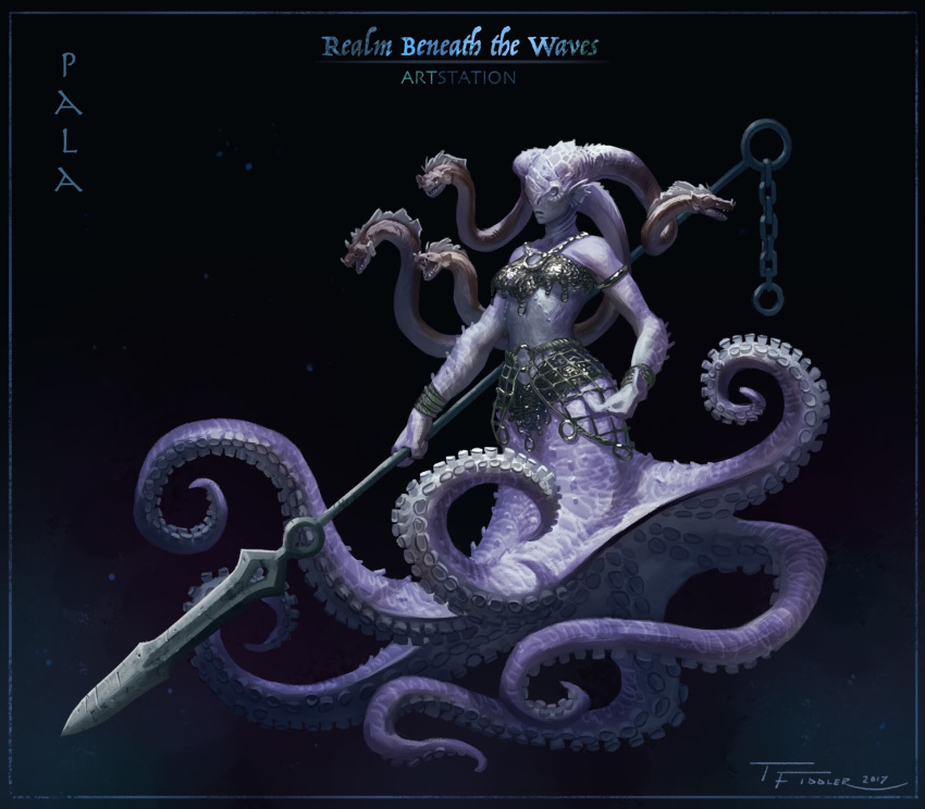 2017 animal_humanoid breasts cecaelia cephalopod cephalopod_humanoid clothed clothing coleoid digital_media_(artwork) english_text female hair hi_res holding_object holding_spear holding_weapon humanoid marine marine_humanoid melee_weapon mollusk mollusk_humanoid octopodiform octopus_humanoid polearm pseudo_hair simple_background solo spear taran_fiddler tentacles text underwater water weapon