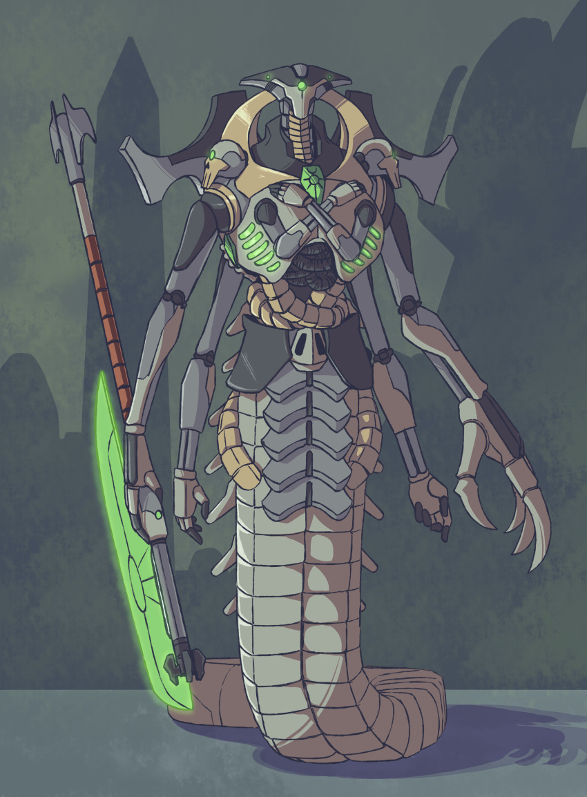 2020 5_fingers 6_arms absurd_res ambiguous_gender armor bone claws crossed_arms fingers glowing glowing_eyes green_eyes hand_on_chest hi_res holding_object holding_weapon lamia machine melee_weapon multi_arm multi_limb naga necron pauldron plagueofgripes polearm poleaxe reptile robot scalie serpentine skull snake solo warhammer_(franchise) warhammer_40000 weapon