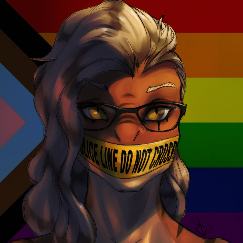 2020 black_glasses black_pupils blonde_hair dinosaur english_text eyebrows eyewear front_view george_floyd_protest glasses hair hi_res ldr lgbt_pride looking_at_viewer multicolored_body orange_body police_tape politics reptile scalie slit_pupils solo striped_body stripes text two_tone_body white_body yellow_eyes