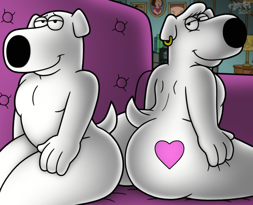 anthro big_butt brian_griffin butt canid canine canis domestic_dog duo family_guy furniture hi_res jasper_(family_guy) living_room male male/male mammal nude sofa tattoo_on_butt tbfm