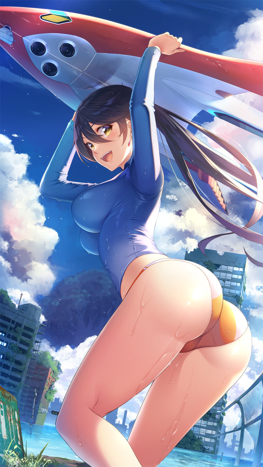 1girl :d arms_up ass backlighting bangs bikini bikini_bottom black_hair blue_sky blush breasts building carrying_overhead city cloud day dripping dutch_angle earrings flood from_behind giant_tree hair_between_eyes highres impossible_clothes jewelry koikeya large_breasts leaning_forward long_hair looking_at_viewer looking_back open_mouth original outdoors overgrown post-apocalypse railing rash_guard reflection road_sign ruins science_fiction shiny shiny_clothes shiny_skin shoshinsha_mark sign sky smile solo standing sunlight swimsuit traffic_light tree twisted_torso water watercraft wet yellow_eyes