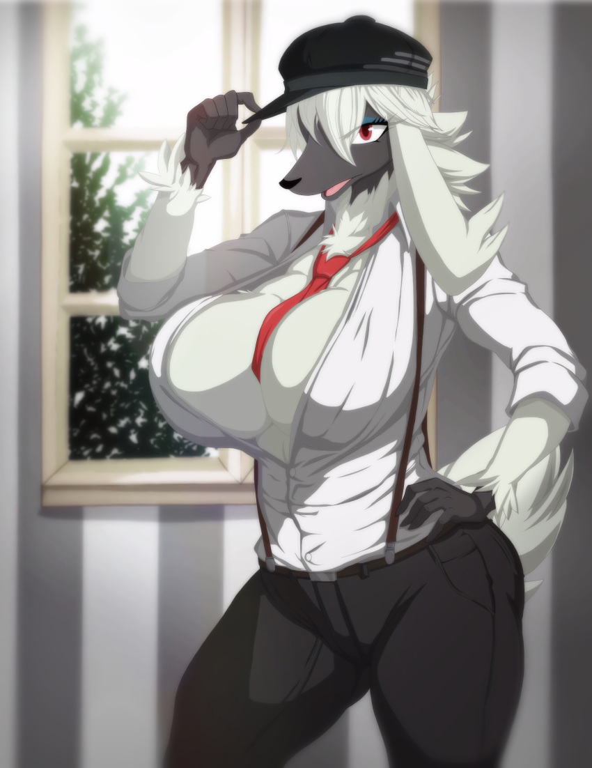 anthro big_breasts black_body black_nose bottomwear breasts clothed clothing detailed_background female fluffy fluffy_tail fur furfrou gloves handwear hat headgear headwear hi_res huge_breasts necktie nintendo open_mouth pants pok&eacute;mon pok&eacute;mon_(species) q_wed red_eyes solo standing tongue video_games white_body white_fur