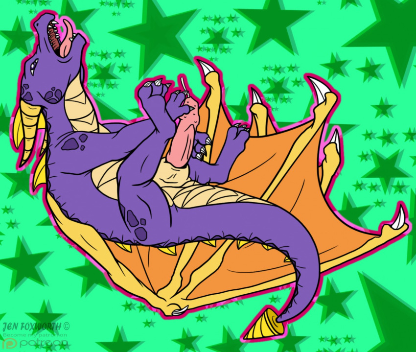 activision digital_media_(artwork) dragon feral genitals green_background jen_foxworth male masturbation penis purple_body scalie simple_background solo spread_wings spyro_the_dragon video_games western_dragon wings