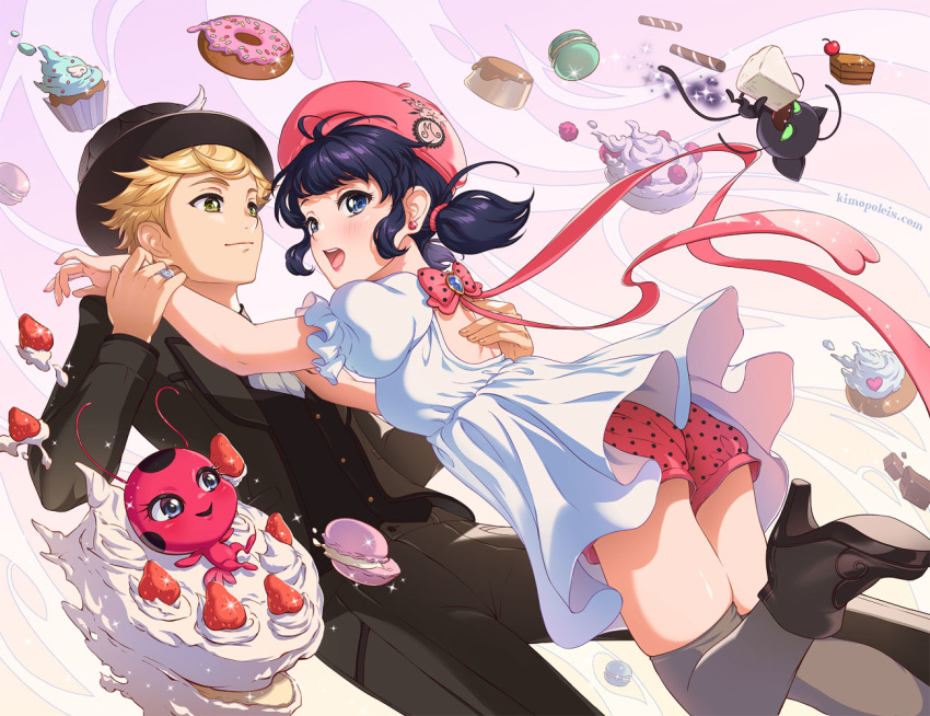 1boy 1girl adrien_agreste animal_ears black_footwear black_hair black_headwear black_jacketl black_legwear black_pants black_sweater_vest blonde_hair blue_eyes blush bug cake cat cupcake doughnut food fruit gem insect kimopoleis ladybug looking_at_another marinette_dupain-cheng miraculous_ladybug open_mouth pants pik_bow pink_headwear pink_shorts puffy_short_sleeves puffy_sleeves shoes short_hair short_shorts short_sleeves shorts smile strawberry sweater_vest thighhighs twintails upper_teeth watermark web_address whtie_dress wolf_ears