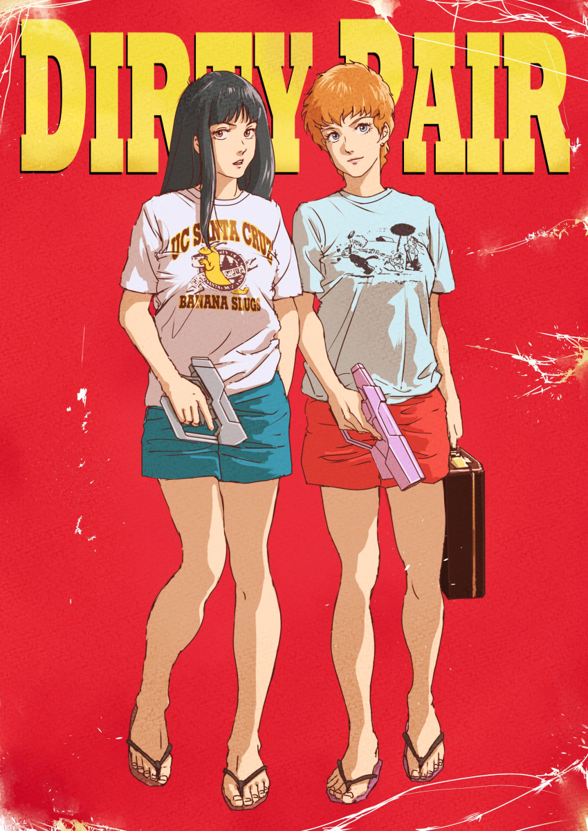 2girls absurdres bangs black_hair blue_eyes breasts brown_eyes copyright_name dirty_pair dirty_pair_(novels) flip-flops gun highres kei_(dirty_pair_novels) long_hair medium_breasts multiple_girls orange_hair parody pulp_fiction red_background sandals shirt short_hair shorts suitcase t-shirt teikoku_jokyoku weapon yuri_(dirty_pair_novels)