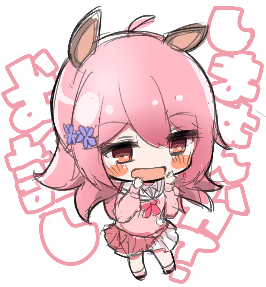 1girl :d absurdres ahoge animal_ears background_text bangs blush_stickers chibi copyright_request eyebrows_visible_through_hair flower full_body hair_between_eyes hair_flower hair_ornament hands_up highres koga_rejini long_hair open_mouth pink_hair pink_shirt pleated_skirt purple_flower red_eyes sailor_collar school_uniform serafuku shirt simple_background sketch skirt smile solo translation_request very_long_hair virtual_youtuber white_background white_sailor_collar white_skirt