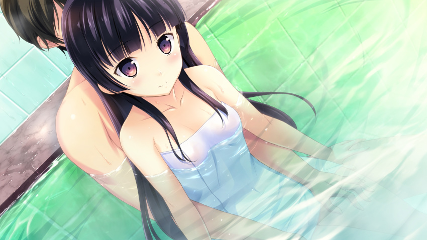 1boy 1girl black_hair brown_eyes game_cg habane_kotori hetero highres kono_oozora_ni_tsubasa_wo_hirogete long_hair minase_aoi mixed_bathing naked_towel sitting sitting_on_person smile towel water yashima_takahiro