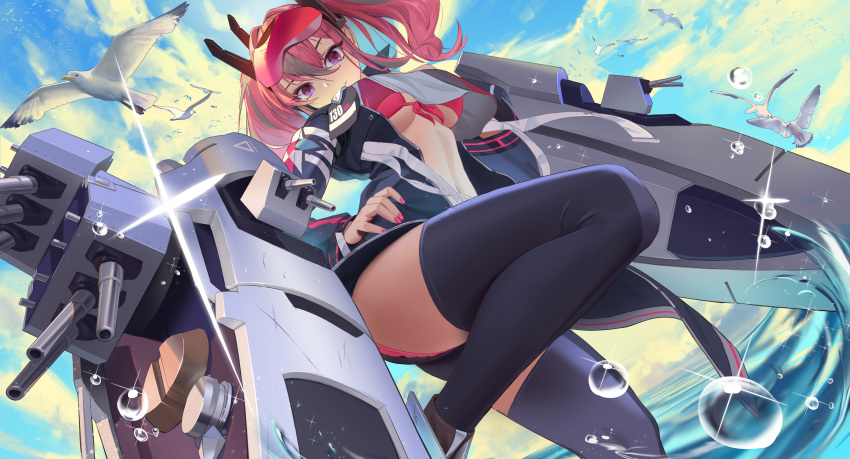 1girl absurdres azur_lane bangs bikini bird breasts bremerton_(azur_lane) commentary_request cowboy_shot crop_top crop_top_overhang eyebrows_behind_hair from_below front-tie_bikini front-tie_top glint hair_between_eyes highres large_breasts long_hair looking_at_viewer midriff multicolored_hair navel navy_blue_legwear outdoors pink_bikini pink_hair purple_eyes rigging seagull sidelocks smile solo standing streaked_hair swimsuit thighhighs twintails underboob visor_cap wading water water_drop yetecong