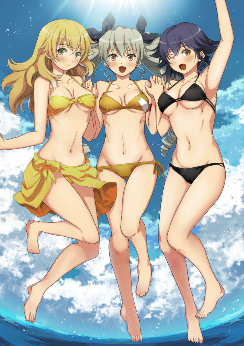 3girls anchovy_(girls_und_panzer) bangs barefoot bikini black_bikini black_hair blonde_hair blue_sky braid breasts brown_eyes carpaccio_(girls_und_panzer) cloud day drill_hair full_body garimpeiro girls_und_panzer green_eyes green_hair highres long_hair looking_at_viewer medium_breasts multiple_girls one_eye_closed outdoors pepperoni_(girls_und_panzer) sarong short_hair side_braid sky swimsuit twin_drills twintails water yellow_bikini yellow_eyes yellow_sarong