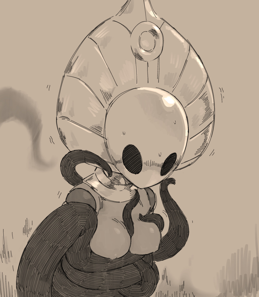 2020 absurd_res anthro arthropod bound breasts digital_media_(artwork) female godseeker grey_background hi_res hollow_knight insect monochrome napalm_express nipples non-mammal_breasts simple_background solo team_cherry tentacles video_games