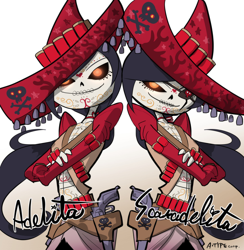 2girls adelita dia_de_los_muertos eyepatch gun handgun highres matsu_(a-type_corp) mexican multiple_girls pistol revolutionarist scaradelita skeleton the_book_of_life weapon