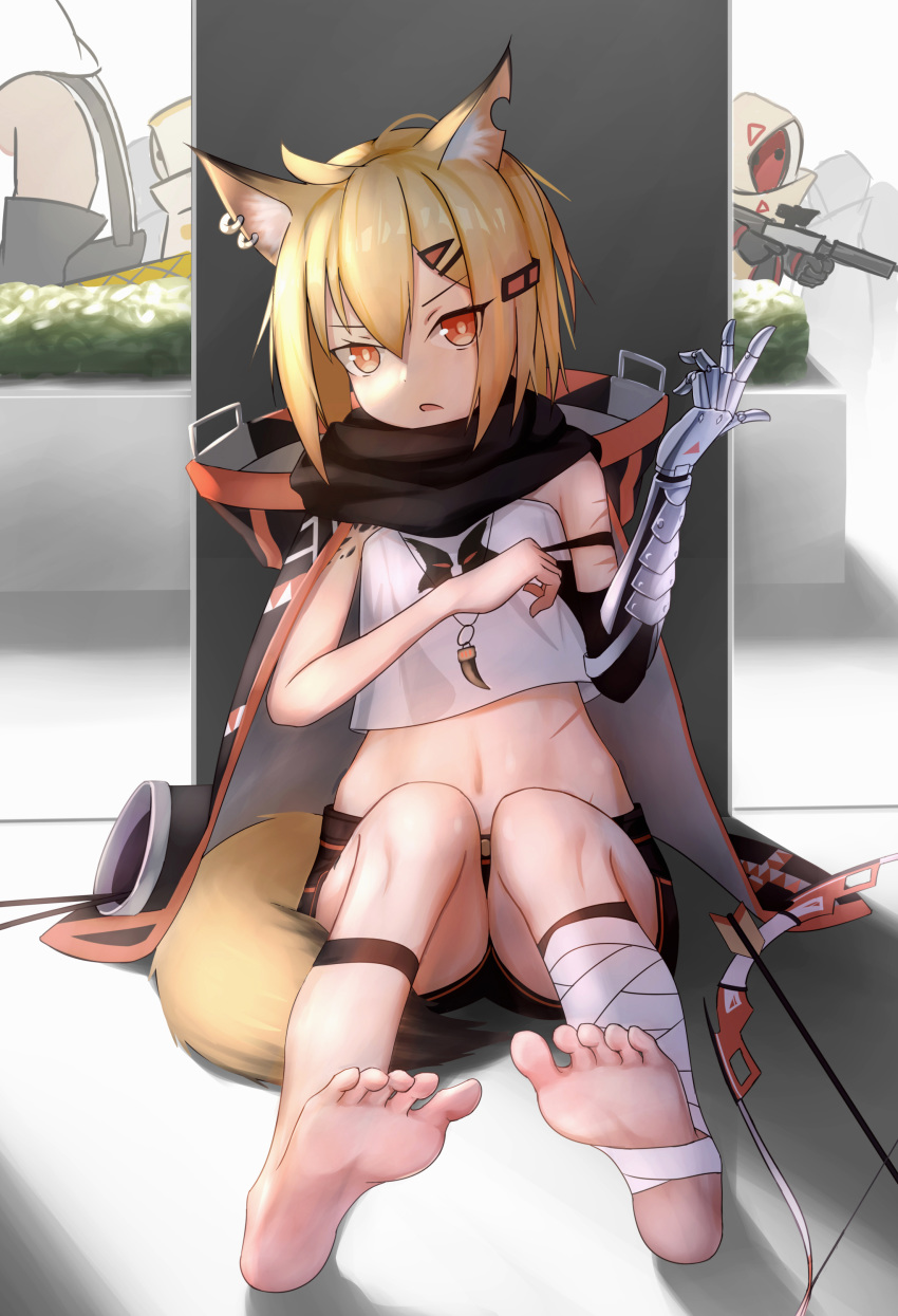 1girl 3others absurdres animal_ears arknights arrow_(projectile) barefoot black_scarf blonde_hair bow_(weapon) commentary_request fang_necklace fox_ears fox_girl fox_tail gun hair_between_eyes hair_ornament hairclip highres mask mechanical_arm multiple_others nya_tani_(py753) open_mouth orange_eyes ore_lesion_(arknights) reunion_soldier_(arknights) scar scarf shorts tail vermeil_(arknights) weapon