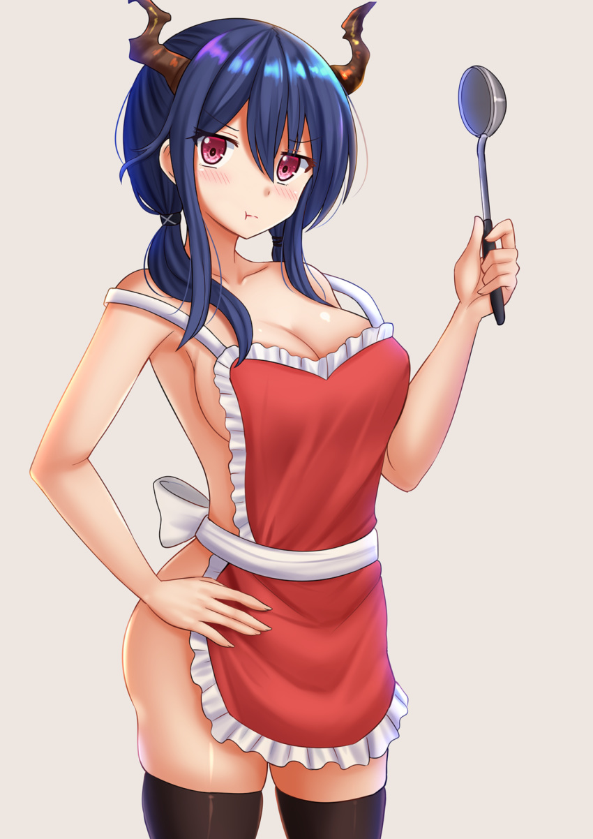 1girl :t apron arknights bangs bare_arms bare_shoulders black_legwear blue_hair blush breasts ch'en_(arknights) cleavage collarbone commentary cowboy_shot dragon_horns eyebrows_visible_through_hair frills hair_between_eyes hand_on_hip hand_up highres holding holding_ladle horns kazenokaze ladle large_breasts long_hair looking_at_viewer low_twintails naked_apron pink_eyes skindentation solo standing strap_slip thighhighs thighs twintails