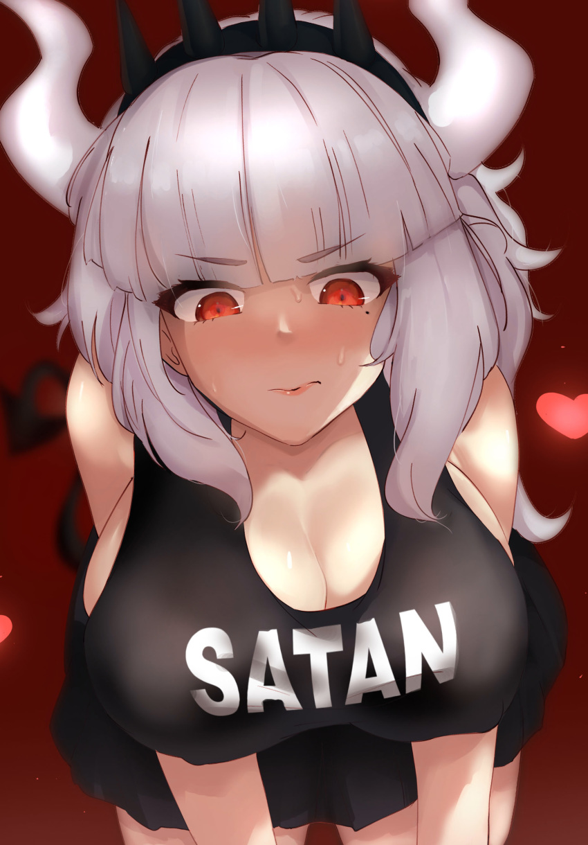 1girl absurdres apron bangs bare_shoulders black_apron breasts character_name cleavage closed_eyes commentary demon_girl demon_horns demon_tail eyebrows_visible_through_hair heart helltaker highres horns kizu long_hair looking_at_viewer lucifer_(helltaker) mole mole_under_eye red_background red_eyes shirt simple_background solo sweat tail white_hair white_horns