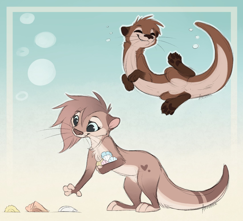 anthro blue_eyes brown_body brown_fur bubble collection colored cute_fangs female feral fur gradient_background happy heart_marking hi_res lutrine lying mammal mustelid on_side pawpads paws pickup_(disambiguation) reaching seashell sepiapaws shell simple_background smile wiskers