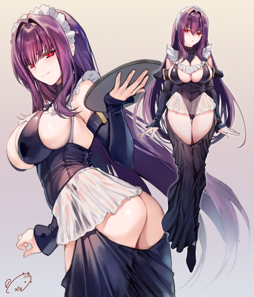 alternate_costume breasts cleavage enmaided fate/grand_order fate_(series) frills garter_straps hair_intakes highres large_breasts long_hair maid maid_headdress obiwan purple_hair red_eyes scathach_(fate)_(all) scathach_(fate/grand_order) tray