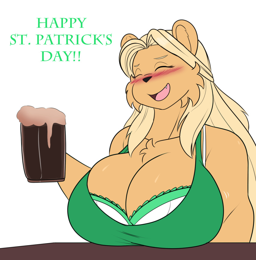 alcohol amara_(jwinkz) anthro beer beverage big_breasts blush bra breasts cleavage clothed clothing female hi_res huge_breasts jwinkz mammal solo underwear ursid