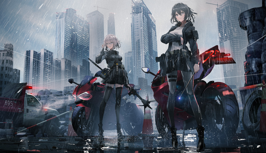 2girls baton_(instrument) black_footwear black_hair black_jacket black_legwear black_skirt boots breasts brown_eyes city cityscape closed_mouth commentary ducati_1299_panigale_r full_body ground_vehicle hair_between_eyes hand_in_hair headlight holding holding_weapon hood hooded_jacket jacket looking_at_viewer medium_breasts miniskirt motor_vehicle motorcycle multiple_girls open_clothes open_jacket original outdoors pantyhose rain shirt short_hair silver_eyes silver_hair skirt staff standing swav thighhighs tire traffic_cone truck weapon white_shirt wing_collar zettai_ryouiki
