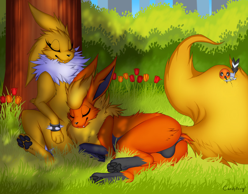 akira_(candyfoxy) alternate_color anatomically_correct anus avian balls bird bracelet candyfoxy duo eeveelution female feral flareon fletchling flower fyre genitals jewelry jolteon male male/female nintendo outside plant pok&eacute;mon pok&eacute;mon_(species) sleeping spiked_bracelet spikes video_games