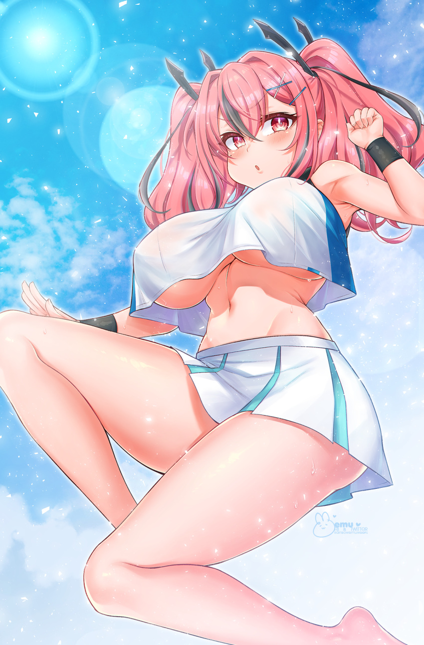 1girl :o azur_lane bangs bare_shoulders barefoot blue_sky blush breasts bremerton_(azur_lane) bremerton_(scorching-hot_training)_(azur_lane) clenched_hand cloud commentary_request covered_nipples cowboy_shot crop_top crop_top_overhang day emu_(confisery) eyebrows_visible_through_hair green_skirt grey_hair groin hair_between_eyes hair_intakes hair_ornament hairclip highres jumping large_breasts lens_flare long_hair looking_at_viewer midriff mole mole_under_eye multicolored_hair navel open_hand pink_eyes pink_hair see-through shadow shirt sidelocks signature skirt sky sleeveless sleeveless_shirt solo sportswear streaked_hair tennis_uniform twintails two-tone_hair two-tone_shirt two-tone_skirt underboob white_shirt white_skirt wristband x_hair_ornament