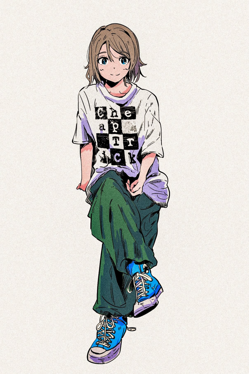 0507_tuyuri 1girl baggy_pants blue_eyes blue_footwear brown_hair casual cheap_trick_(band) crossed_legs green_pants highres looking_at_viewer love_live! pants shirt shoes sketch smile sneakers solo watanabe_you white_shirt