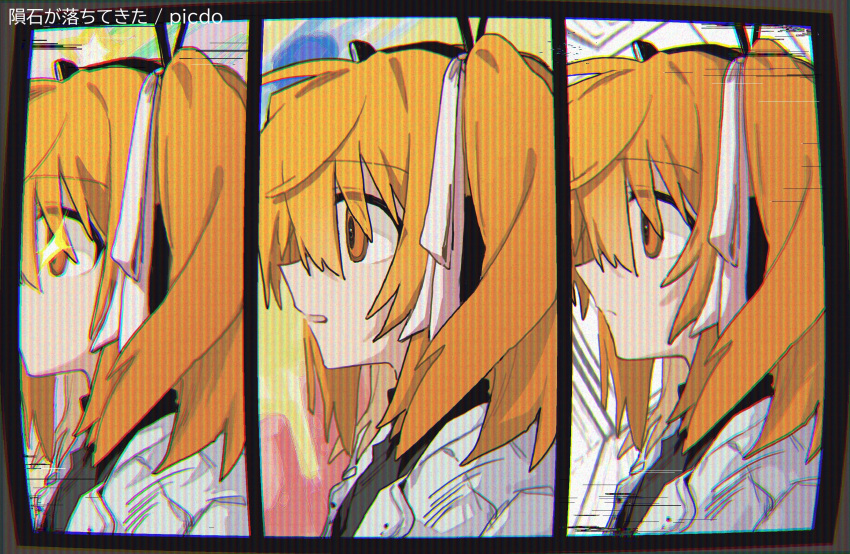 1girl a.i._voice abstract_background adachi_rei black_shirt closed_mouth column_lineup crt expressionless from_side hair_between_eyes hair_ribbon highres inseki_ga_ochite_kita_(utau) jacket looking_ahead medium_hair multicolored_background multiple_views n_23 one_side_up open_clothes open_jacket open_mouth orange_eyes orange_hair portrait profile ribbon scanlines shirt shooting_star_(symbol) song_name sparkling_eyes turtleneck turtleneck_shirt utau white_jacket white_ribbon