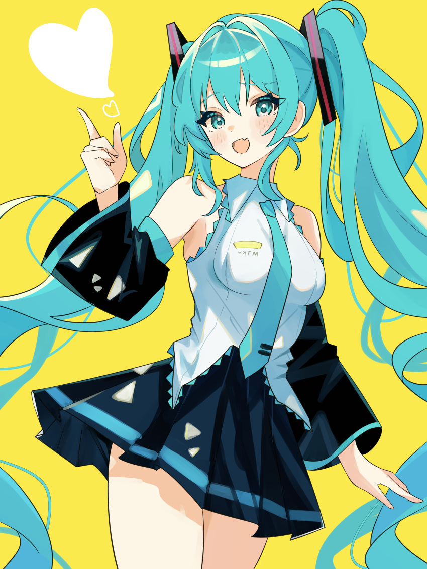 1girl absurdres black_skirt black_sleeves blue_eyes blue_hair blue_necktie blush coco_irasuto collared_shirt commentary cowboy_shot detached_sleeves fang hatsune_miku heart highres long_hair long_sleeves necktie paid_reward_available pleated_skirt shirt simple_background skin_fang skirt sleeveless sleeveless_shirt smile solo standing twintails very_long_hair vocaloid yellow_background
