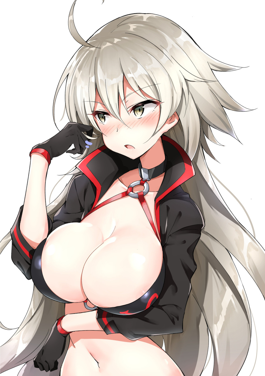 absurdres ahoge black_gloves black_jacket blush breasts cleavage commentary_request fate_(series) gloves hand_up highres ichi-jirushi jacket jeanne_d'arc_(alter)_(fate) jeanne_d'arc_(fate)_(all) jeanne_d'arc_(alter)_(fate) jeanne_d'arc_(alter_swimsuit_berserker) jeanne_d'arc_(fate)_(all) large_breasts long_hair looking_away navel nose_blush o-ring o-ring_top open_mouth shiny shiny_hair silver_eyes silver_hair simple_background solo upper_body very_long_hair white_background