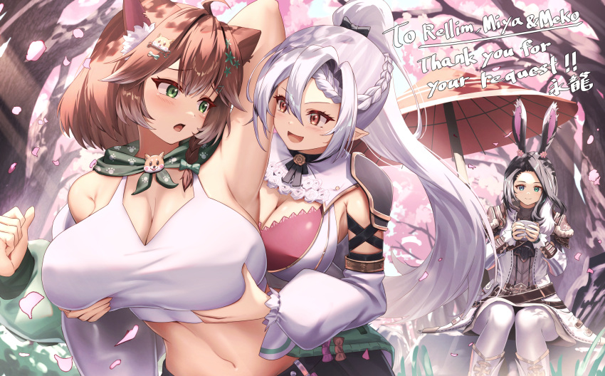 3girls :d ahoge animal_ear_fluff animal_ears arm_up armpits bare_shoulders bikini black_bikini black_hair black_ribbon blush bone_hair_ornament boots bow bra bra_peek braid breasts cherry_blossoms cleavage closed_mouth commentary_request commission cowboy_shot crop_top crown_braid day detached_sleeves dog_ears dog_girl dress eiryu33 falling_petals green_eyes green_jacket green_scarf hair_between_eyes hair_bow hair_ornament hairclip hanami highres jacket knee_boots large_breasts long_sleeves looking_at_another midriff multiple_girls navel neck_ribbon off_shoulder open_mouth original outdoors pantyhose petals picnic pointy_ears ponytail rabbit_ears rabbit_girl red_bra red_eyes ribbon scarf shirt shoulder_pads sidelocks sitting skeb_commission smile spring_(season) standing swimsuit tank_top tree umbrella underwear white_dress white_footwear white_hair white_pantyhose white_shirt white_sleeves white_tank_top