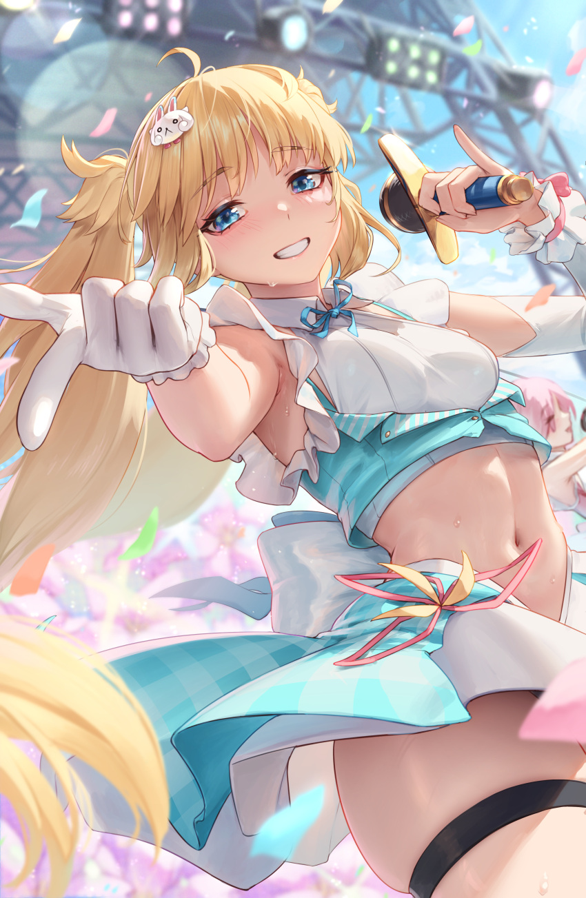 1girl absurdres ahoge artoria_caster_(fate) artoria_pendragon_(fate) bare_shoulders blonde_hair blue_eyes blue_sky blush breasts confetti fate/grand_order fate_(series) grin highres idol long_hair looking_at_viewer microphone padoruu sky small_breasts smile solo stage thighs twintails