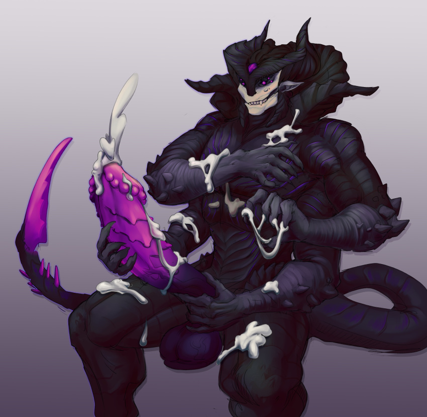 4_arms 6_eyes anthro balls big_penis black_body blade bodily_fluids corinoch cum cum_on_self demon excessive_cum excessive_genital_fluids genital_fluids genitals grin hi_res horn huge_penis male masturbation multi_arm multi_eye multi_limb penis purple_eyes purple_penis ridged_penis sitting smile solo sovierdas spikes spikes_(anatomy) tail tail_blade weapon_tail