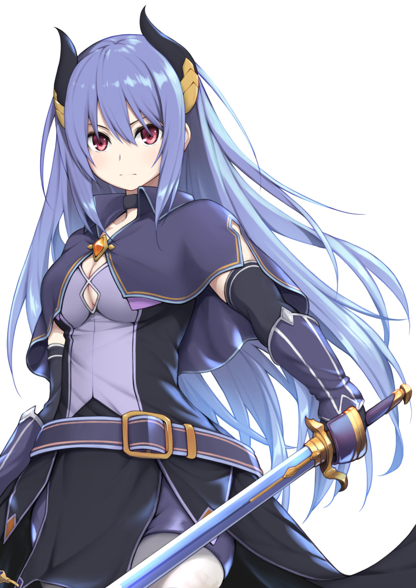 1girl belt blue_hair breasts capelet cleavage cleavage_cutout clothing_cutout demon_girl demon_horns highres horns long_hair medium_breasts pantyhose princess_connect! rei_(princess_connect!) ribucci sword weapon white_pantyhose