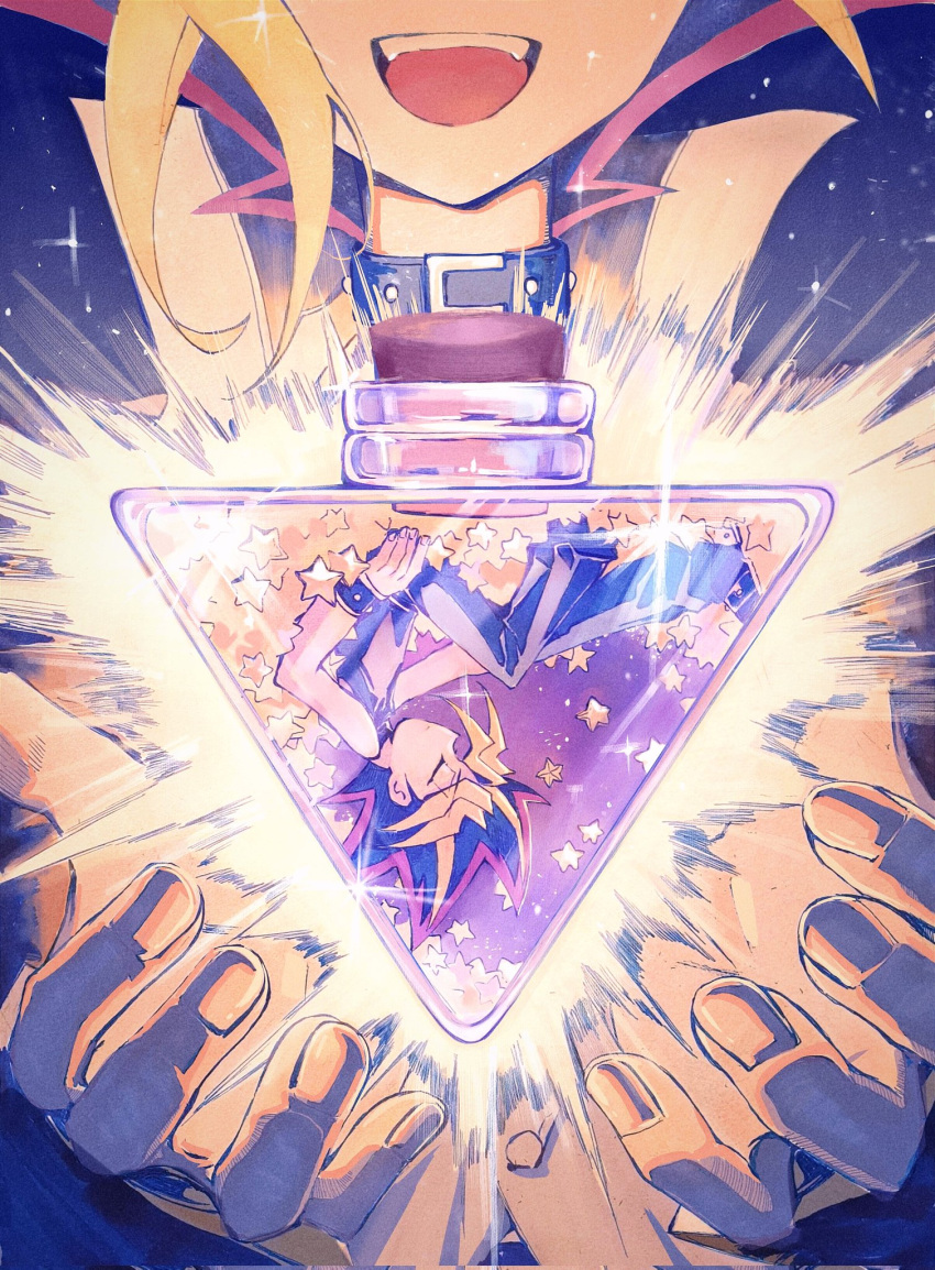 2boys black_hair blonde_hair choker closed_eyes glowing head_out_of_frame highres multicolored_hair multiple_boys muto_yugi purple_hair smile sparkle spiked_hair star_(symbol) upper_body upside-down yami_yugi yu-gi-oh! zwen4383