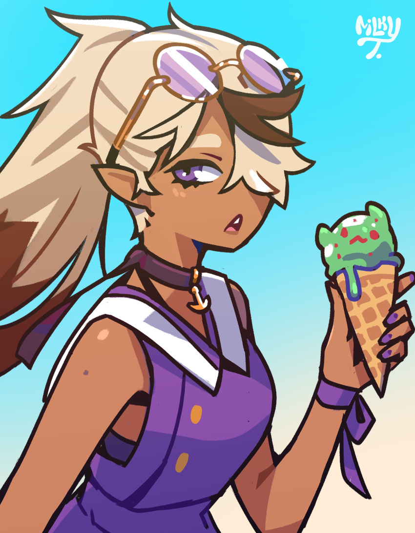 absurdres blonde_hair brown_hair choco_(milkytiddyboy) choker dark-skinned_female dark_skin dress eyewear_on_head food hair_over_one_eye highres ice_cream milkytiddyboy multicolored_hair original pointy_ears purple_dress purple_eyes purple_nails sailor_collar tagme