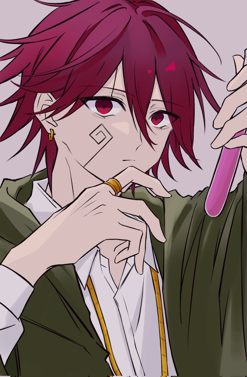 1boy carpaccio_luo-yang closed_mouth collared_shirt earrings facial_mark green_robe highres hiru_3450 jewelry mashle red_eyes red_hair ring robe shirt solo spiked_hair test_tube white_shirt