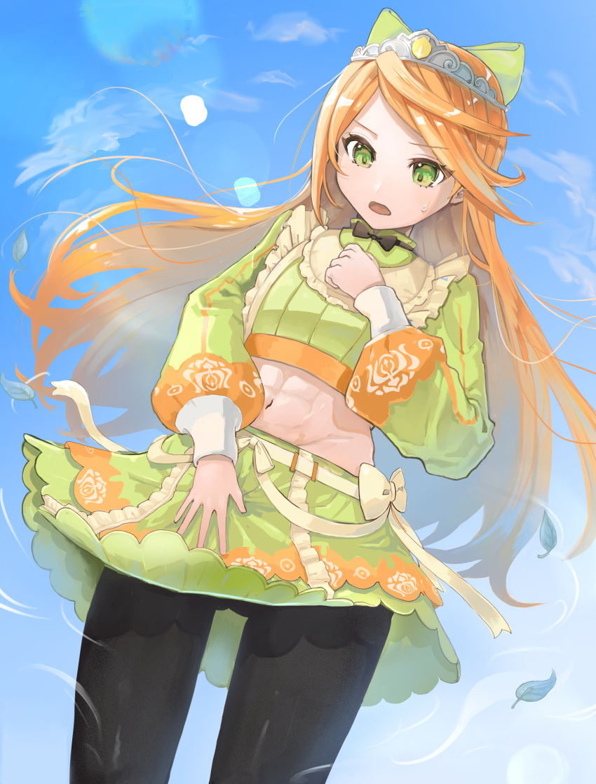 1girl abs absurdres blue_sky bow crop_top etie_(fire_emblem) fire_emblem fire_emblem_engage green_eyes green_ribbon green_shirt green_skirt highres long_hair long_sleeves midriff navel neko_0611 open_mouth orange_hair pantyhose ribbon shirt skirt sky solo sweatdrop swept_bangs tiara