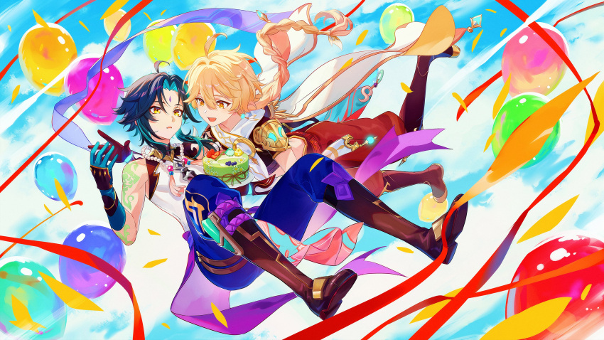 2boys absurdres aether_(genshin_impact) ahoge aqua_hair arm_armor arm_tattoo armor baggy_pants balloon blonde_hair blue_gloves blue_hair blue_pants blue_sky boots braid brown_footwear brown_gloves brown_pants brown_shirt cake carrying cloud cloudy_sky confetti dark_blue_hair detached_sleeves diamond-shaped_pupils diamond_(shape) earrings eyeshadow facial_mark fcc_(fengcheche) flying food forehead_mark genshin_impact gloves gold_trim hair_between_eyes hand_up highres holding holding_plate jewelry leg_up long_hair long_sleeves looking_at_another makeup male_focus mandarin_collar multicolored_hair multiple_boys necklace open_mouth orange_eyes pants pearl_necklace plate princess_carry red_eyeshadow scarf shirt short_hair short_sleeves shoulder_armor single_bare_shoulder single_detached_sleeve single_earring sky sleeveless sleeveless_shirt symbol-shaped_pupils tape tassel tattoo two-tone_hair white_scarf white_shirt wide_sleeves xiao_(genshin_impact) yellow_eyes